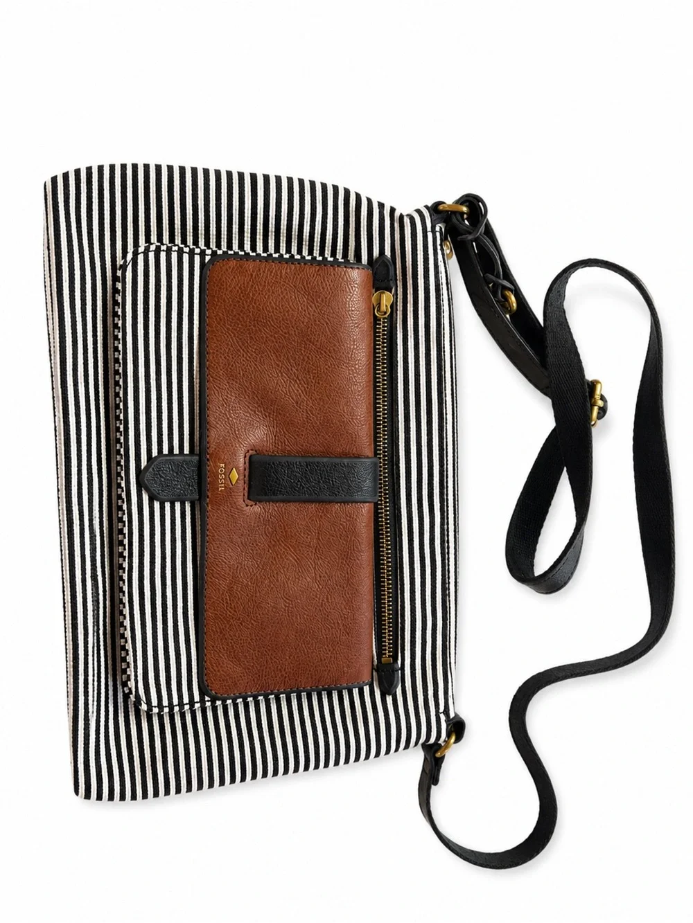 Fossil Black-and-White Striped Canvas Crossbody with Brown Leather Pocket